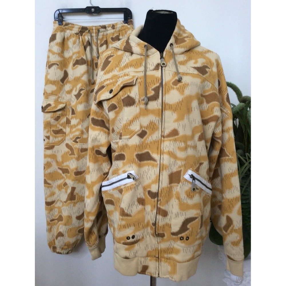 ENYCE Men's Y2K Animal Print‎ Beige Brown 2 Piece Hooded Sweatshirt Set Sz L EUC